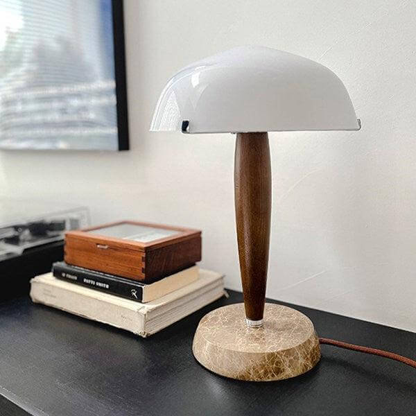 Herman table lamp with marble base and wooden stem, ideal as a modern farmhouse side lamp for stylish decor.
