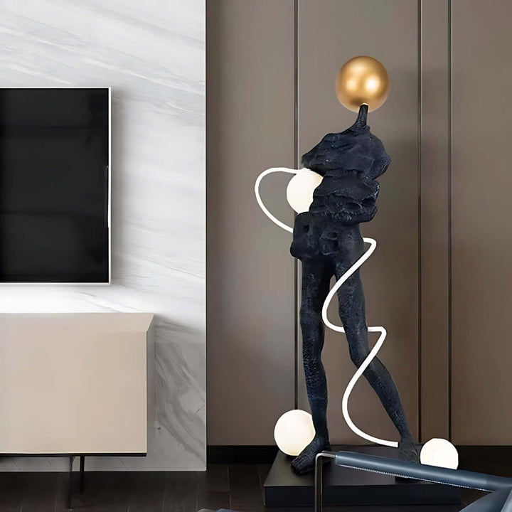 Sculptural floor lamp in art deco style, adding elegance to a modern living room with a unique design.