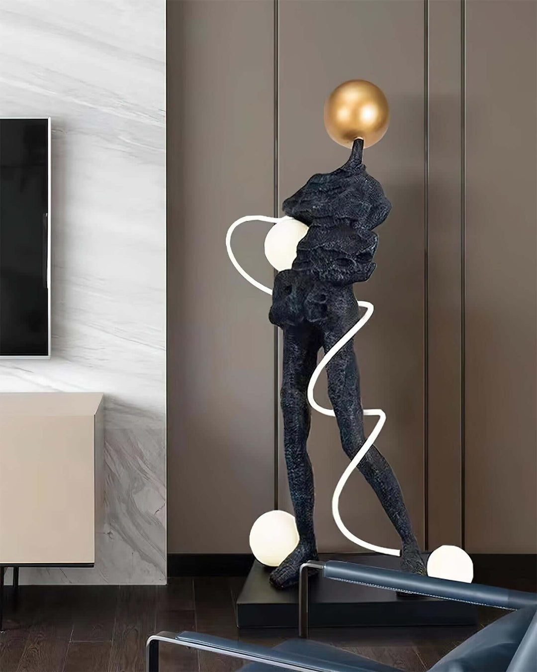 Sculptural art deco floor lamp, stylish lights for the living room, featuring a unique design with gold and white accents.