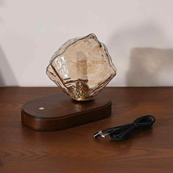 Ice Stone rechargeable dining table lamp on wooden base, ideal for bedroom bedside or coffee table lighting.