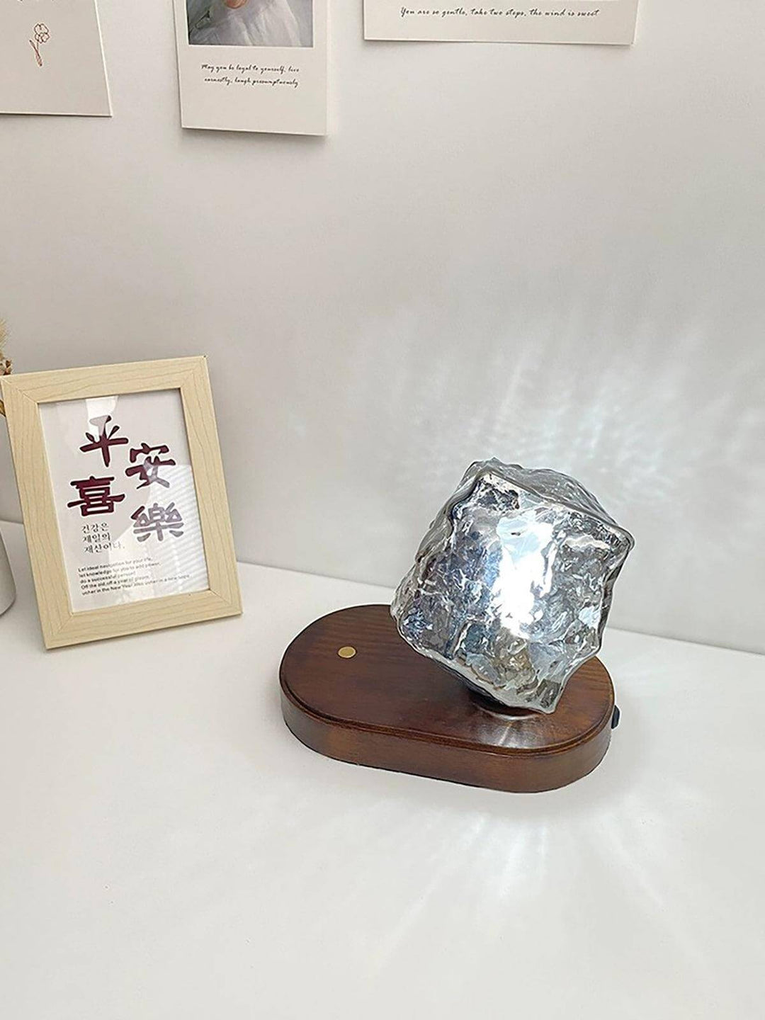 Ice Stone rechargeable dining table lamp on a wooden base, perfect as a small touch lamp for bedside or coffee tables.