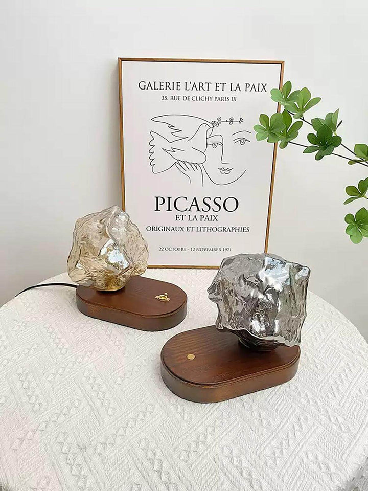 Rechargeable Ice Stone table lamp on wooden base, ideal for dining or bedside use, adding a stylish touch to your decor.