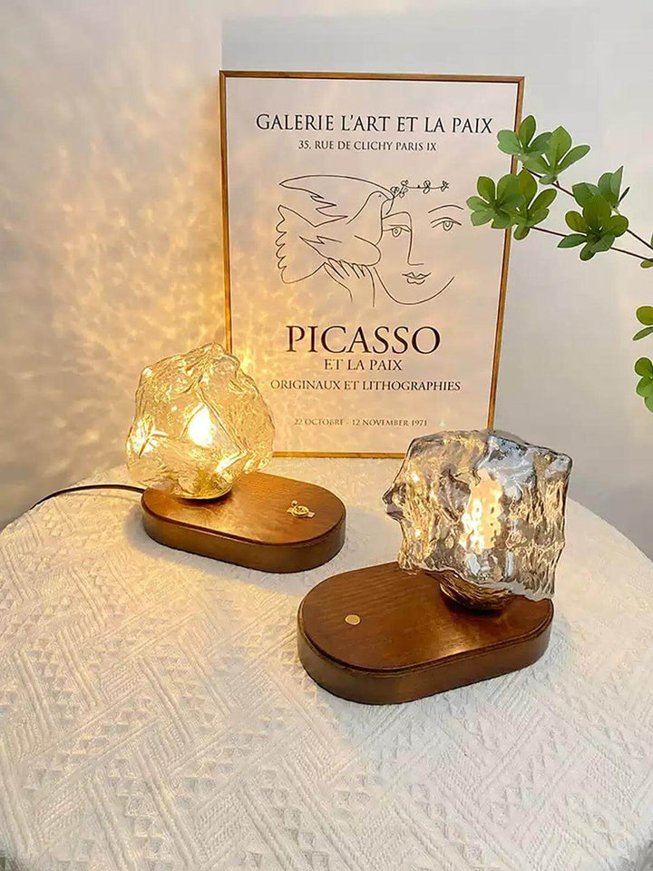 Stylish ice stone rechargeable dining table lamp on wooden base, perfect as a small touch lamp for bedside or coffee table.