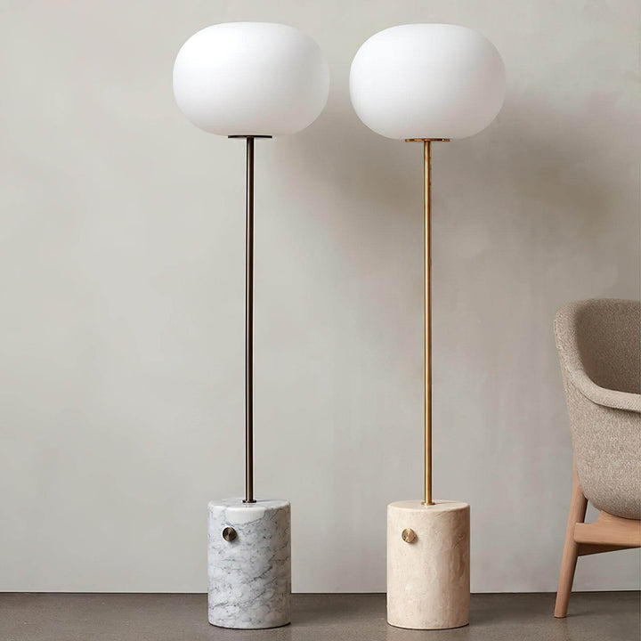 JWDA Floor Lamp: modern floor lamp pair featuring marble bases and round frosted glass shades, ideal for living room and reading.