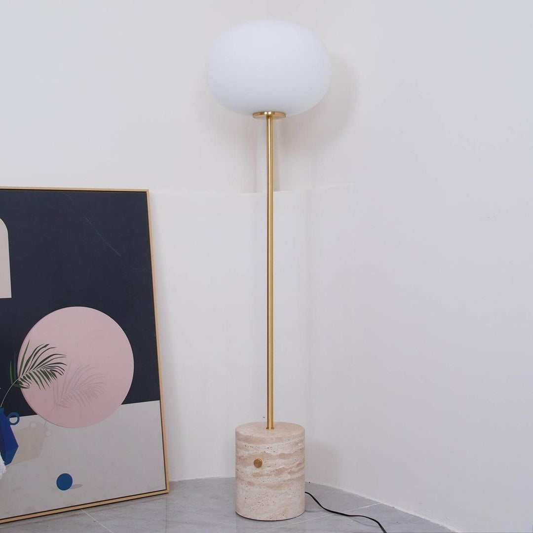 JWDA modern floor lamp in living room, featuring a stylish marble base and frosted glass globe, perfect for reading.