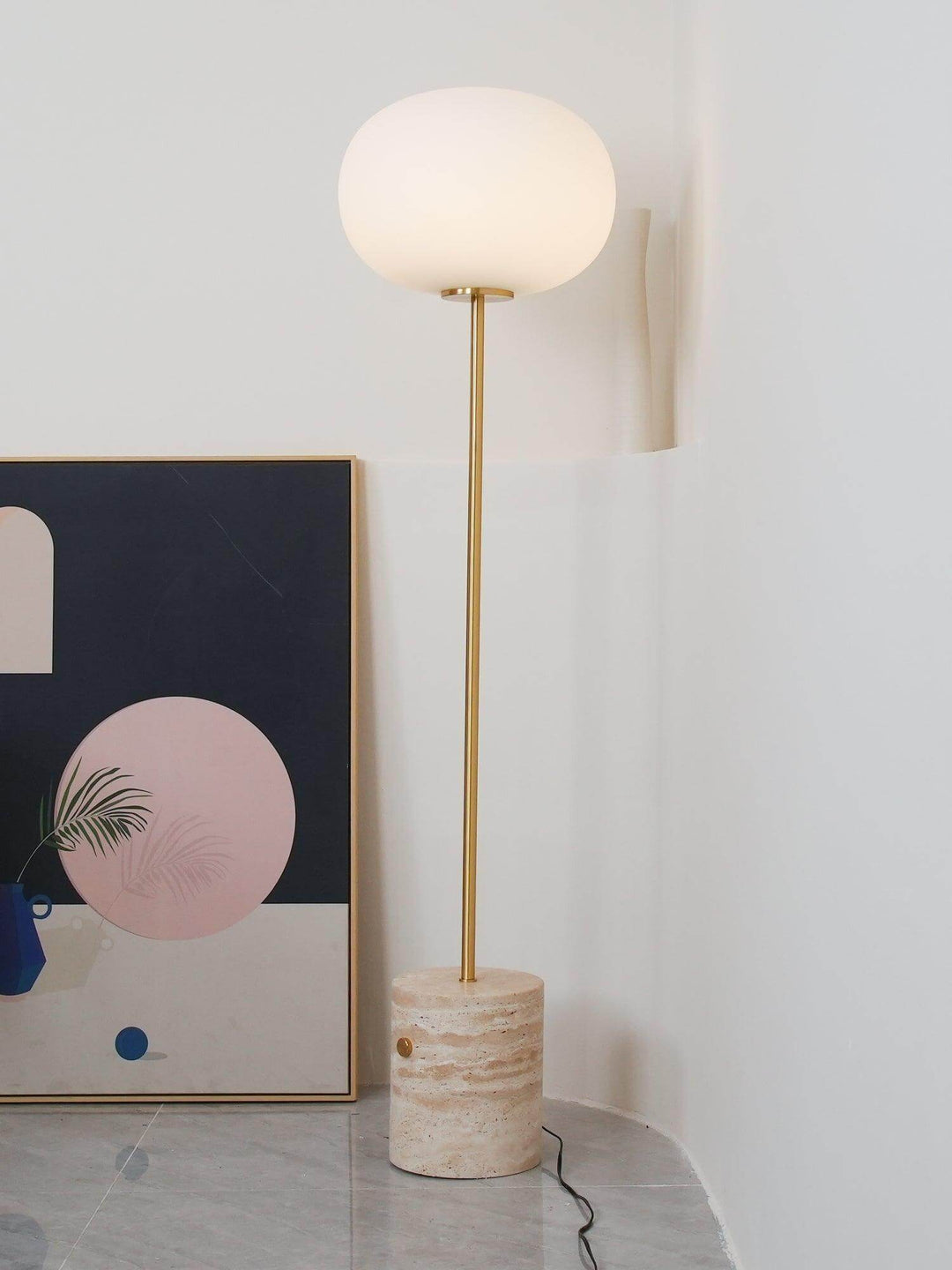 Modern JWDA floor lamp with glass shade and stone base, perfect for living room lighting and reading.