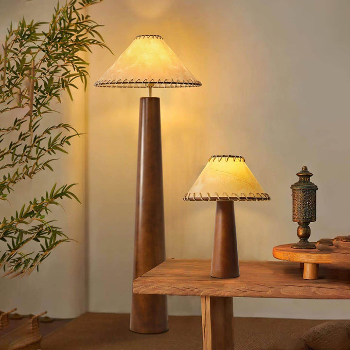 Kibo wooden floor lamp and matching table lamp in a cozy room setting, ideal for farmhouse decor.