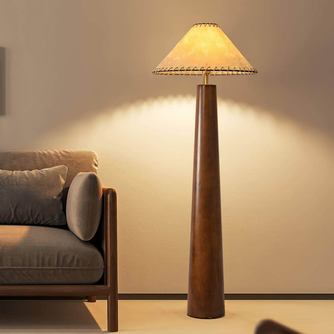 Kibo wooden floor lamp with a warm glow, perfect as a farmhouse or behind sofa lighting solution.