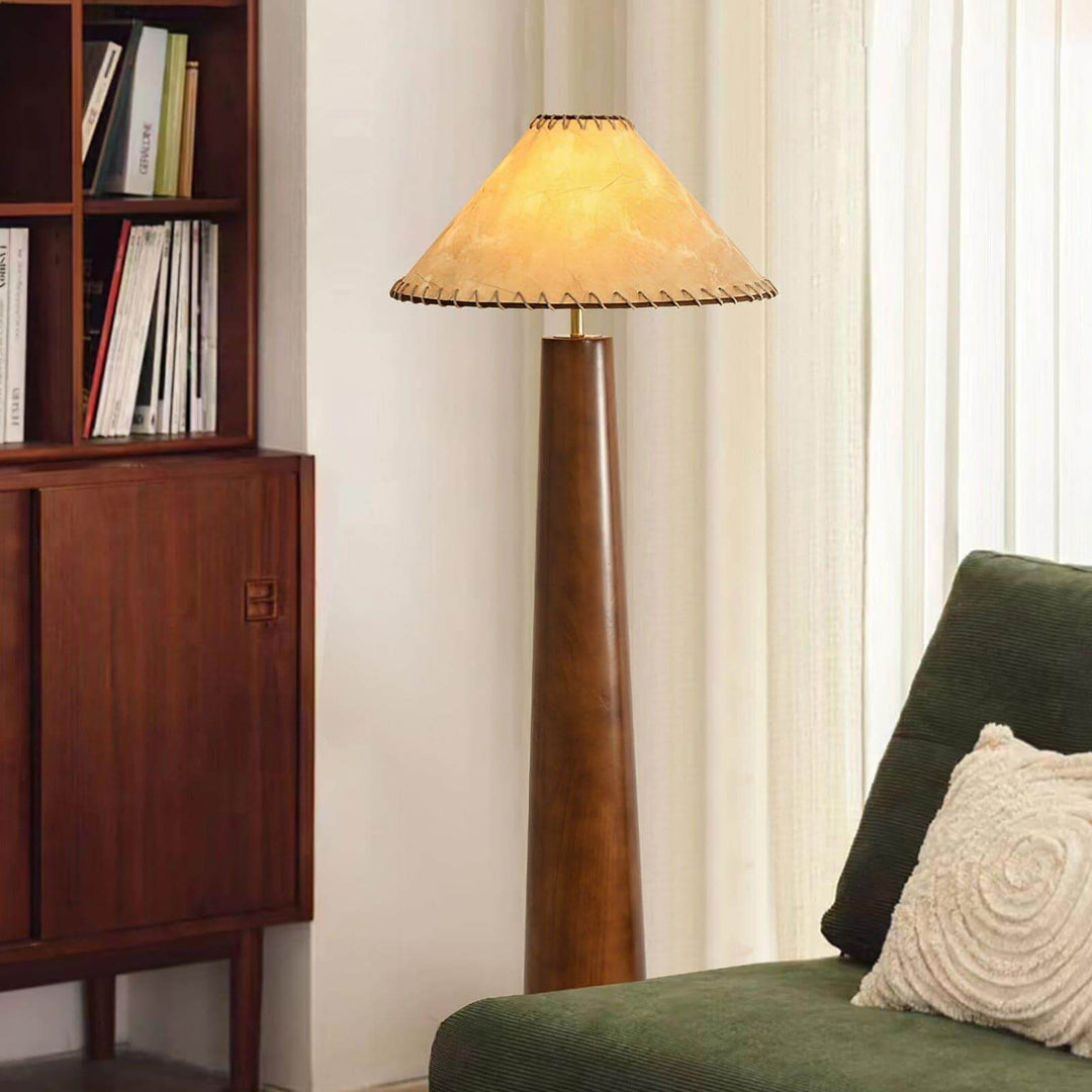 Kibo wooden floor lamp in a cozy living room, perfect as a farmhouse or behind sofa lamp, with a stylish beige shade.