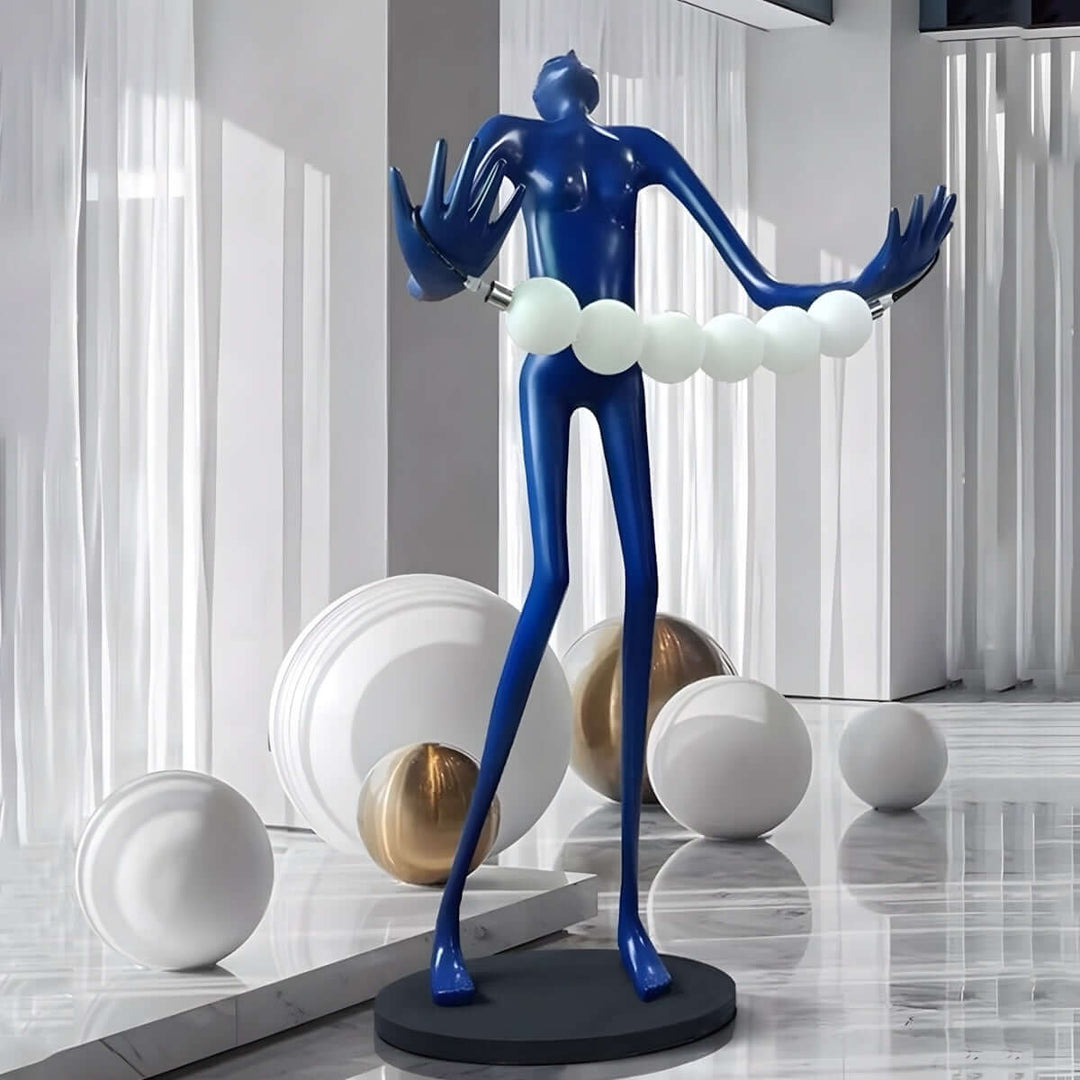 Sculptural art deco floor lamp in blue, designed for modern living room lighting, featuring bold artistic elements.