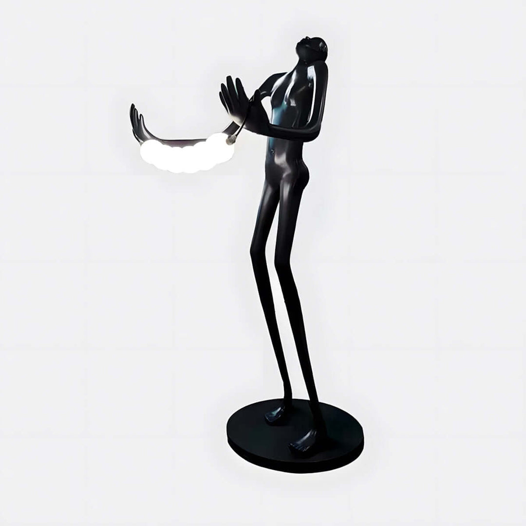 Sculptural art deco floor lamp with a sleek black design, perfect for modern living room lighting.
