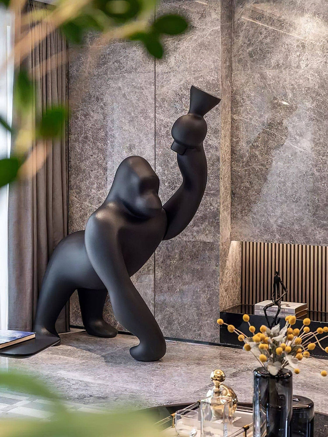Sculptural floor lamp featuring a gorilla design, perfect for modern art deco living room decor.