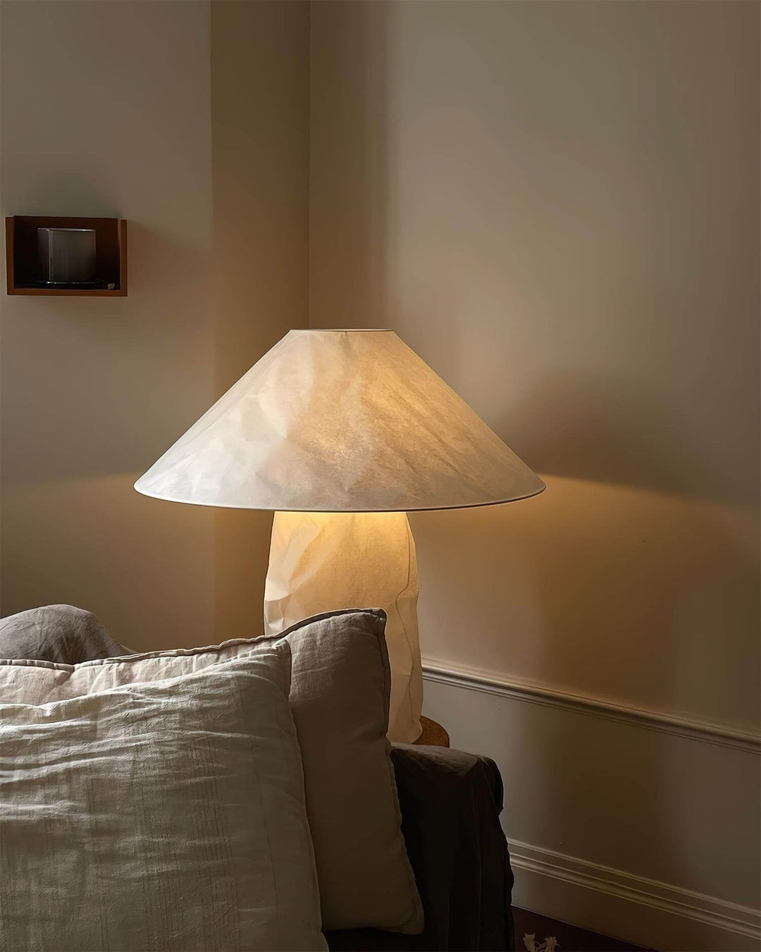 Minimal table lamp with a white shade, perfect for bedroom bedside decor. Size: Dia 50cm x H 51cm.