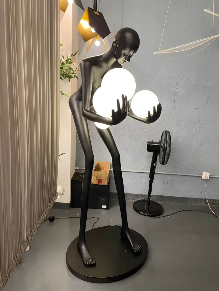 Light Guardian Floor Lamp, Art Deco resin sculpture for living room decorations, 180cm tall with three glowing orbs.