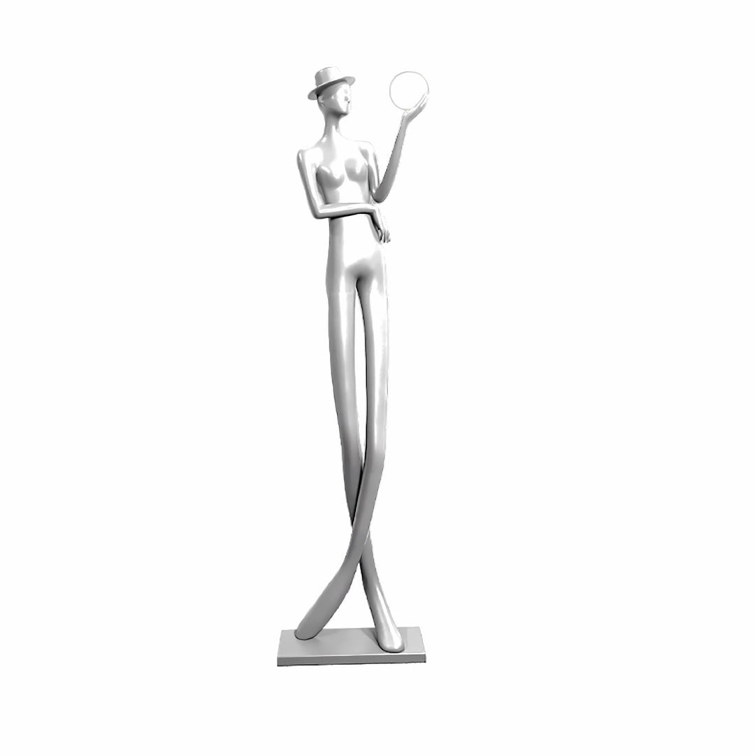 Sculptural floor lamp featuring a tall, elegant figure holding a sphere, perfect for art deco-inspired living room decor.