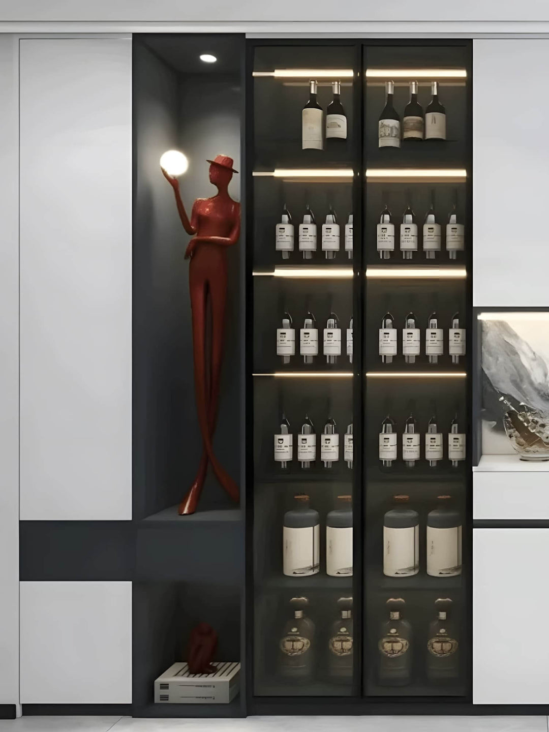 Lomexa sculptural floor lamp showcasing a red figure holding a light, displayed in a modern cabinet with bottles.
