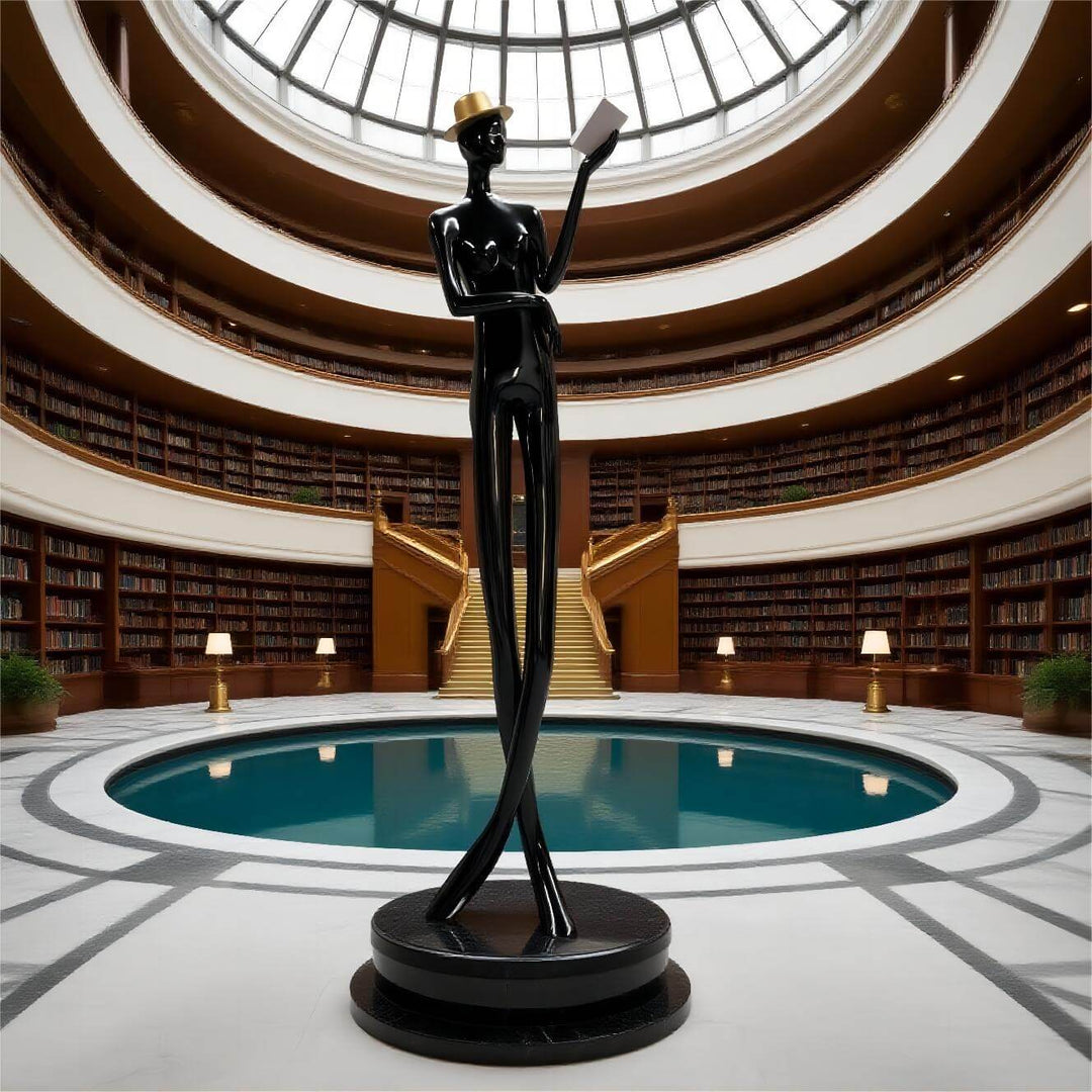 Lomexa sculptural floor lamp in modern library, an art deco design piece for stylish living room lighting.