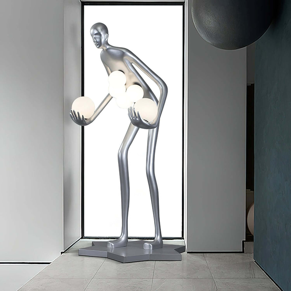 Sculptural floor lamp in a modern design, perfect for living room decor with an art deco flair.
