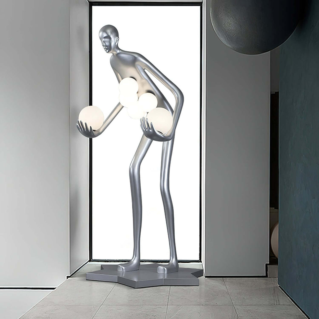 Sculptural floor lamp in a modern design, perfect for living room decor with an art deco flair.