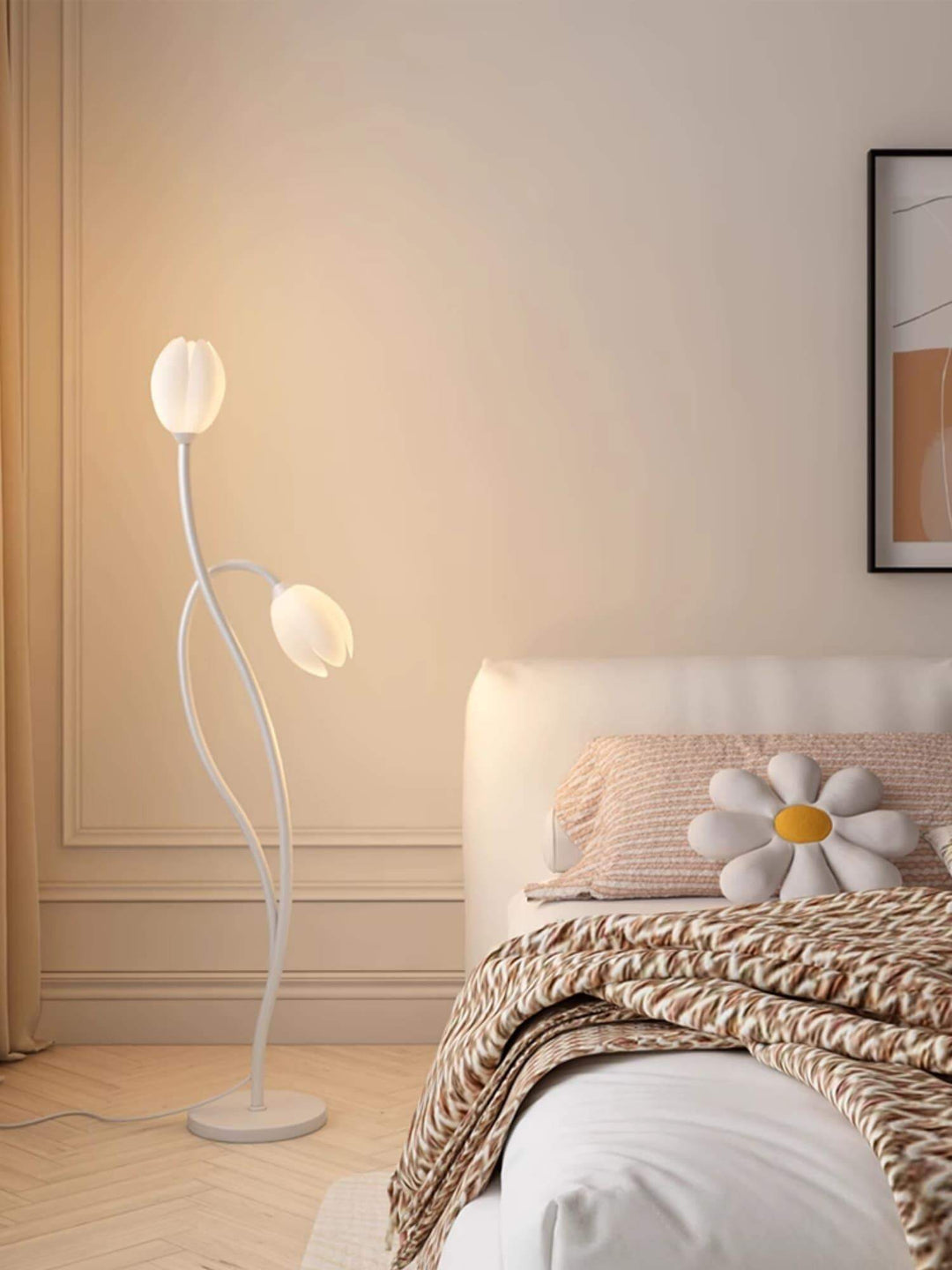 Manta Flower Floor Lamp in white, a minimalist metal floor lamp enhancing modern bedroom decor.