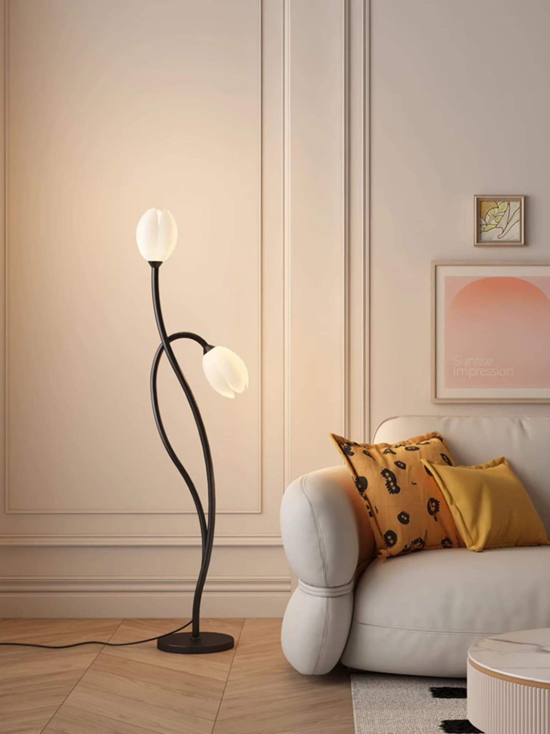 Modern minimalist Manta Flower floor lamp with two white glass shades in a stylish living room setting.