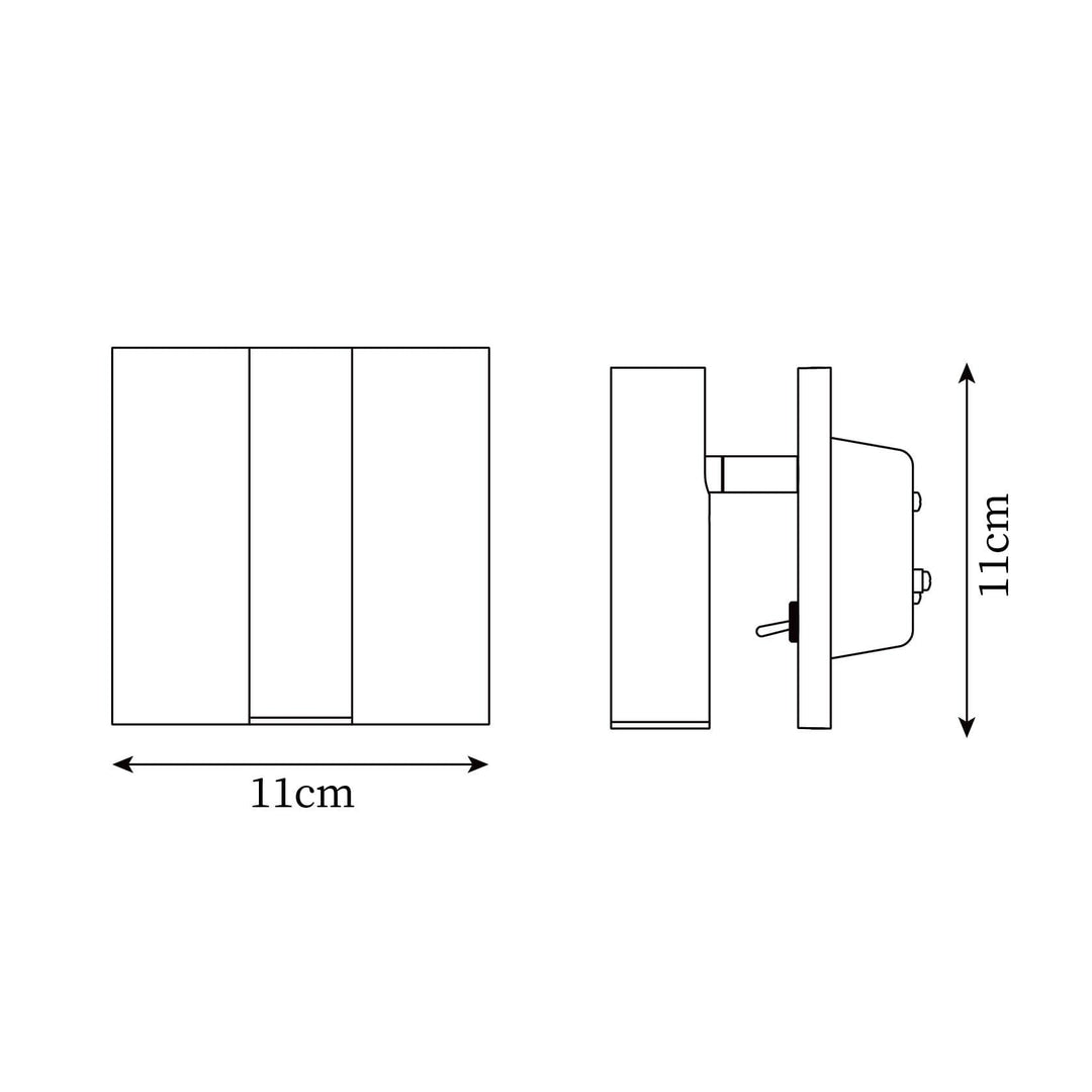 Diagram of Micro Square Switched Sconce, showing dimensions 11cm x 11cm, ideal for a minimalist wall mount reading lamp.