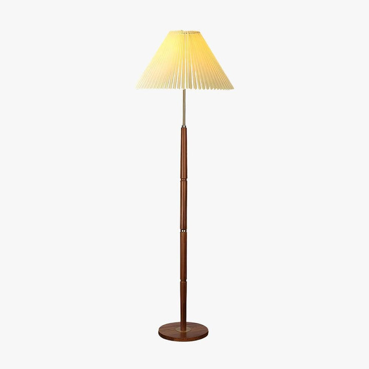 Mid Century pleated wooden floor lamp, trendy design for living rooms, 45cm diameter shade, 145cm height.