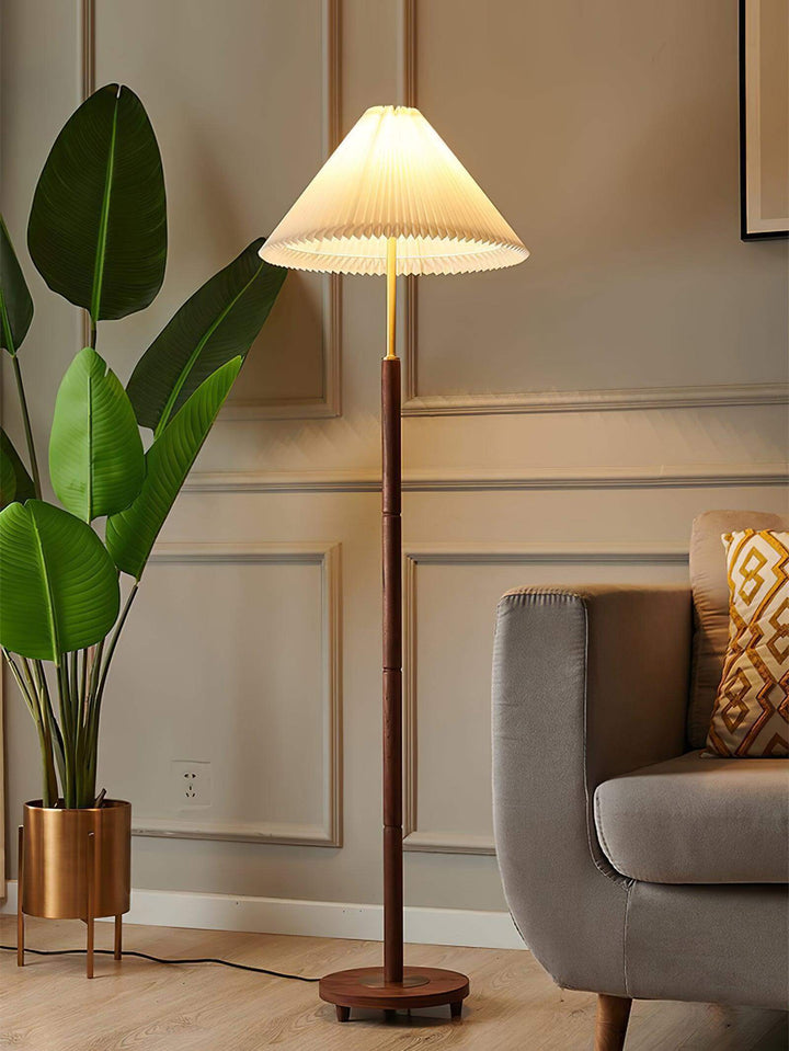 Mid Century pleated wooden floor lamp in living room, trendy lighting for modern decor, 45cm diameter.