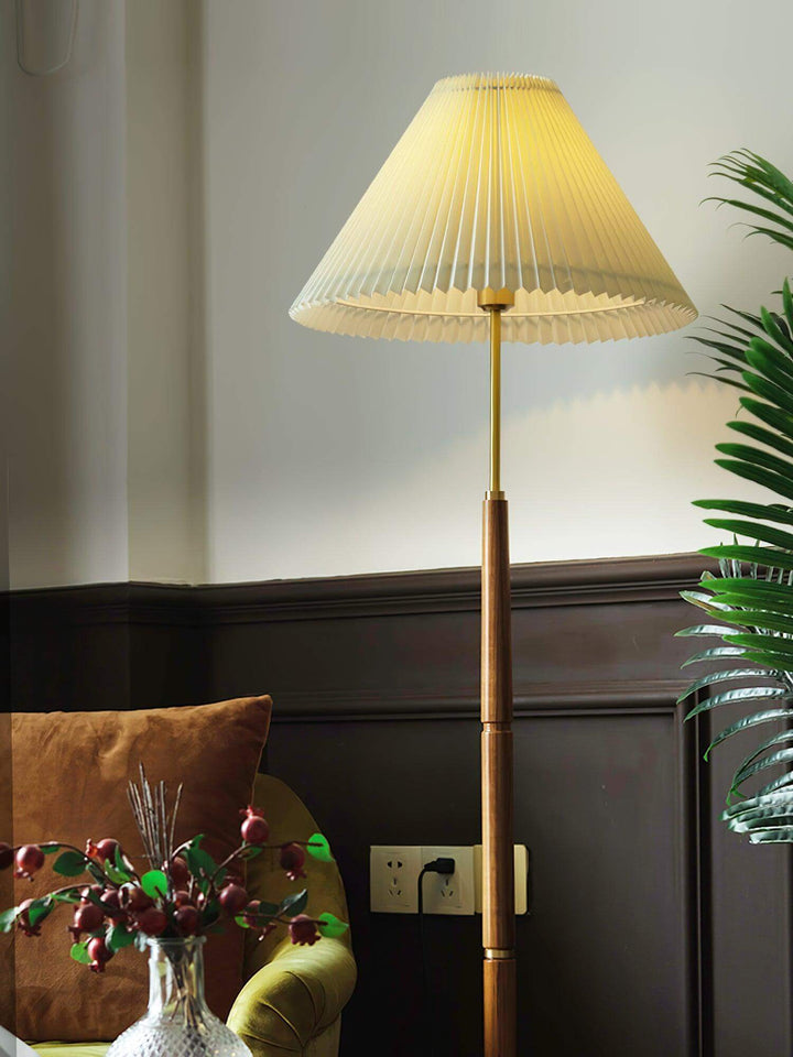 Mid century pleated floor lamp, wooden design, trendy floor light for a stylish living room.