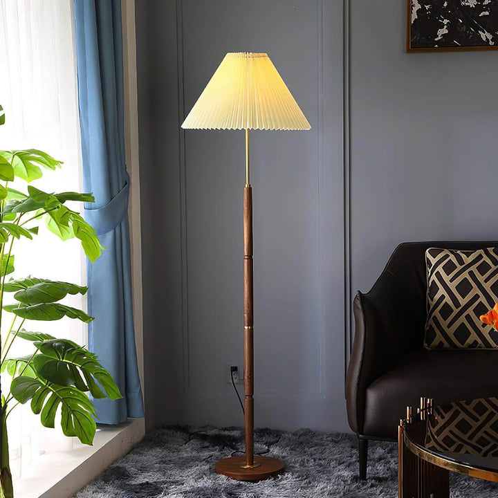 Mid Century pleated floor lamp on wooden stand, perfect for trendy living room decor, with a height of 145cm and stylish design.