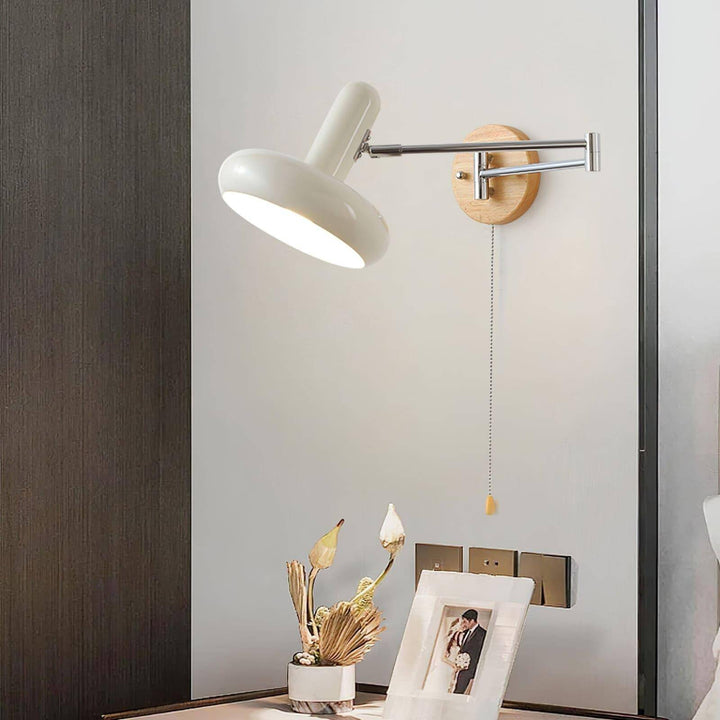 Mitzi Maddie Wall Lamp in white, modern articulating wall sconce with wooden mount for stylish wall-mounted reading light.