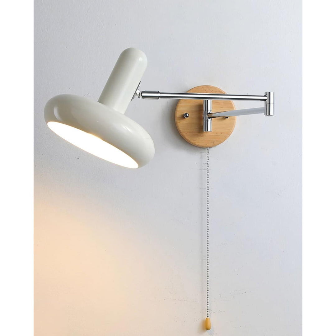Mitzi Maddie Wall Lamp in white with articulating arm on a wooden base, perfect for modern wall sconces and reading lights.