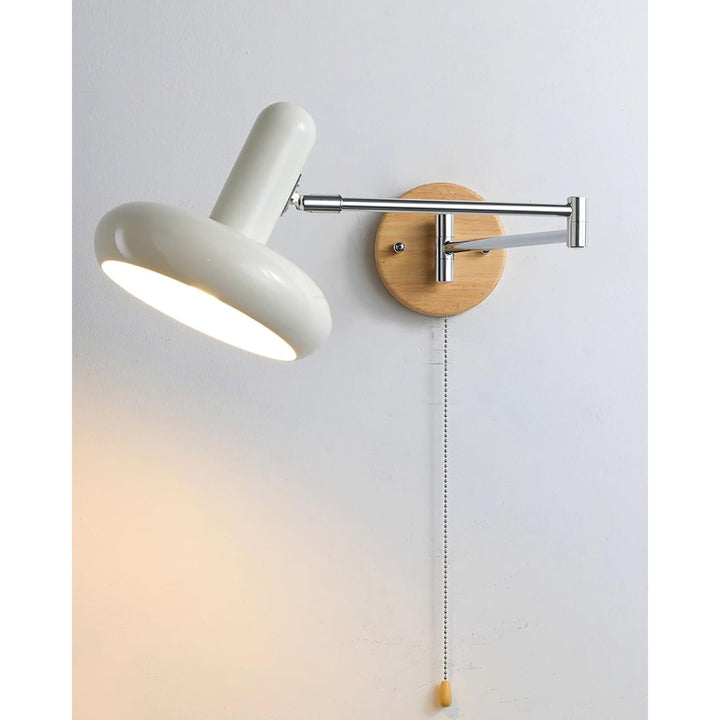 Mitzi Maddie Wall Lamp in white with articulating arm on a wooden base, perfect for modern wall sconces and reading lights.