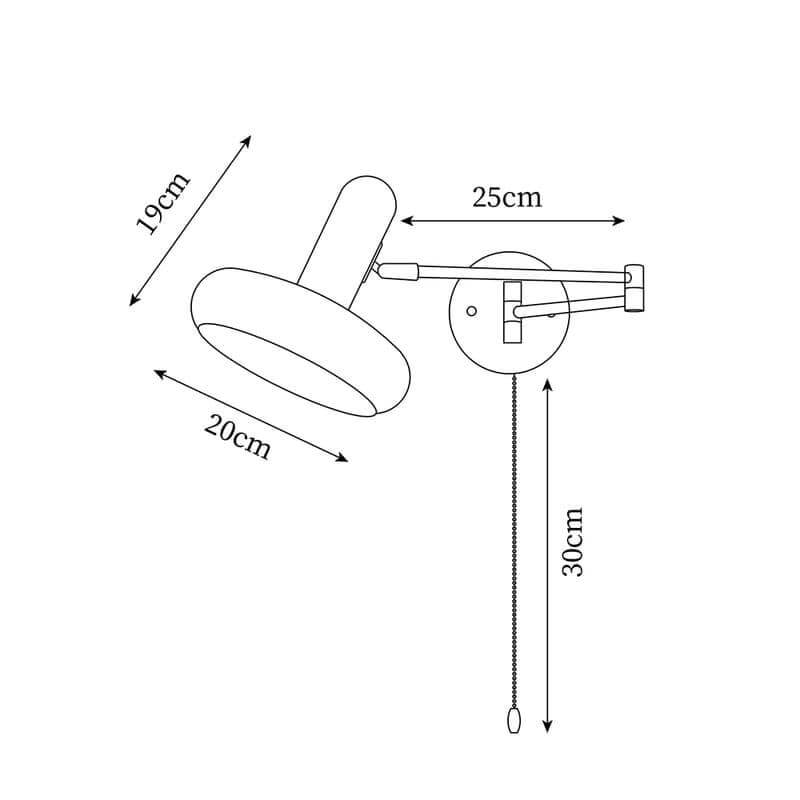 Diagram of Mitzi Maddie Wall Lamp, a modern articulating wall sconce, dimensions Dia 20cm x H 19cm.