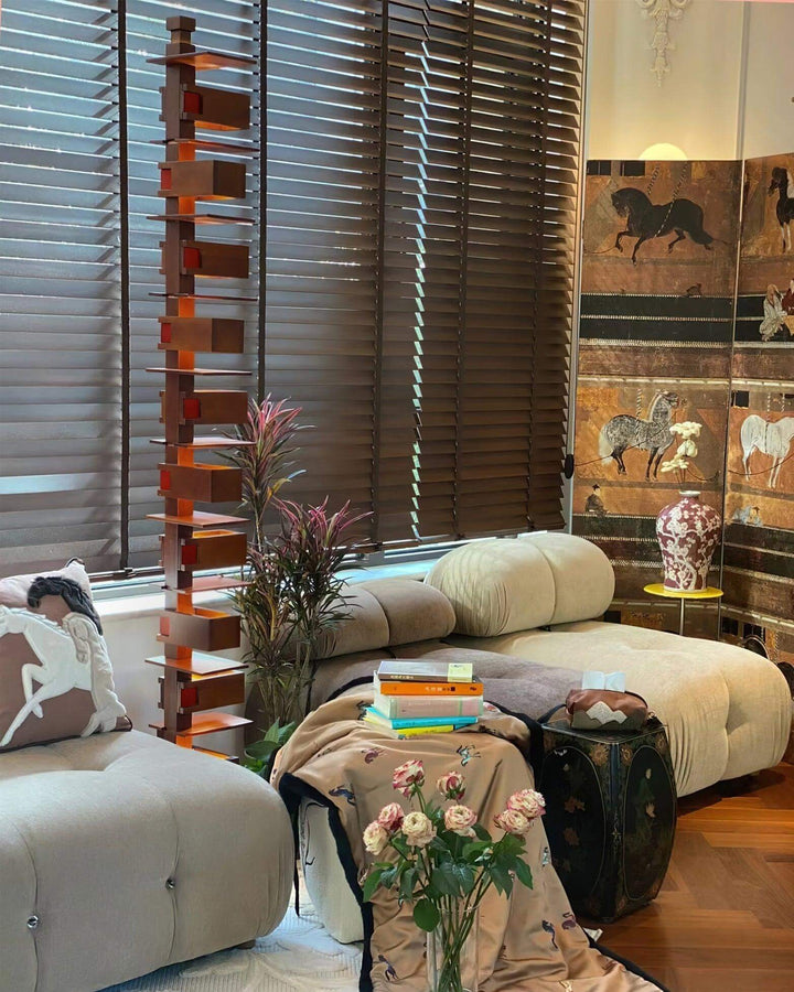 Stylish wooden floor lamp in a modern living room with cozy seating and decor, highlighting art deco design.