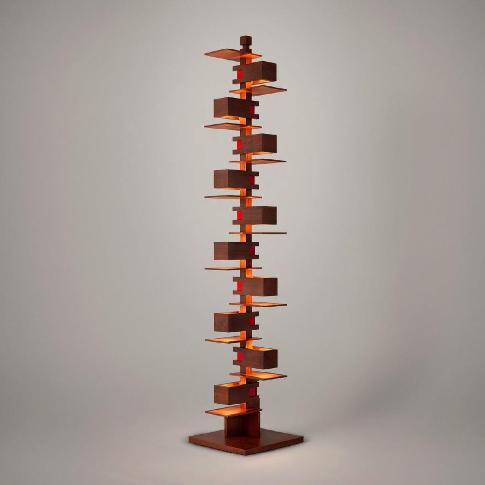 Stylish wooden floor lamp featuring an art deco design, perfect for illuminating living room spaces with a tall, modern aesthetic.