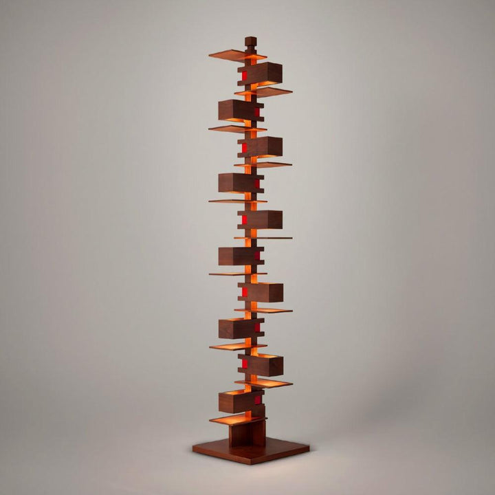 Stylish wooden floor lamp featuring an art deco design, perfect for illuminating living room spaces with a tall, modern aesthetic.