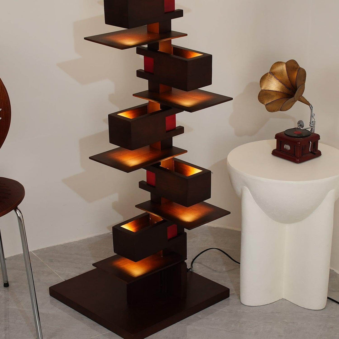 Art deco wooden floor lamp with layered design, perfect floor lights for living room, standing at 80.2 inches tall.