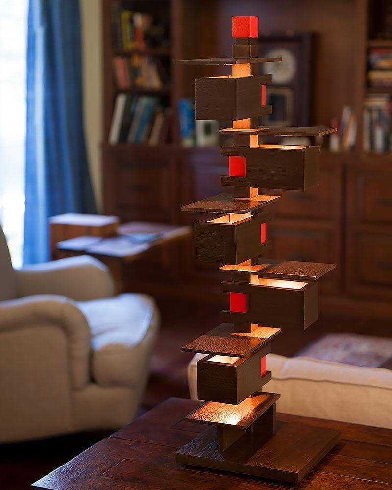 Art Deco wooden floor lamp with multi-level design, tall and stylish floor light for living room ambiance.