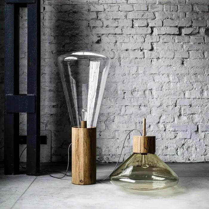 Muffins Floor Lamp featuring a wooden base and glass shade, perfect for industrial style office decor.
