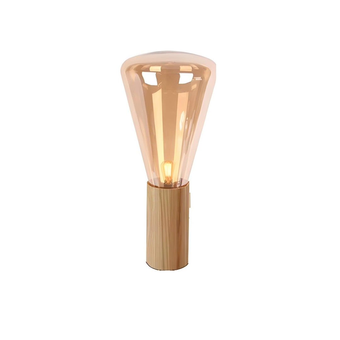 Muffins floor lamp with wooden base and glass shade, perfect for industrial style office lighting.