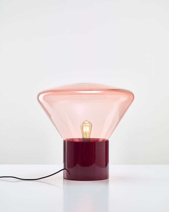 Muffins Table Lamp featuring round pink glass shade and burgundy base, perfect art deco lamp for living room lighting.