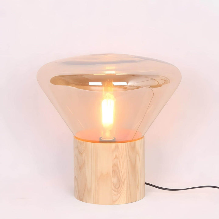 Art deco round glass table lamp with wooden base, perfect as table lights for living room, 36cm x 35cm.