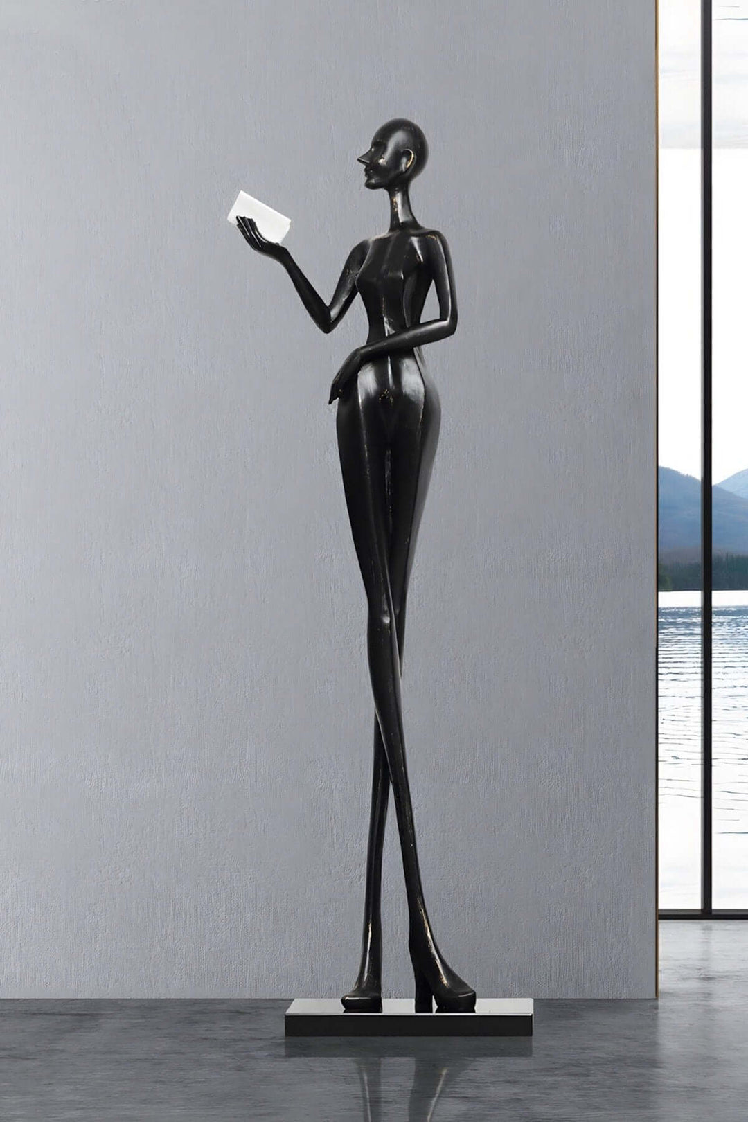 Elegant Muse Noir resin sculpture, a stylish Art Deco decorative ornament for modern living room decor.