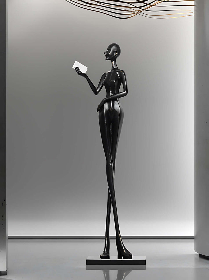 Elegant Muse Noir resin sculpture, 188cm tall, perfect for Art Deco living room decorations and decorative ornaments.