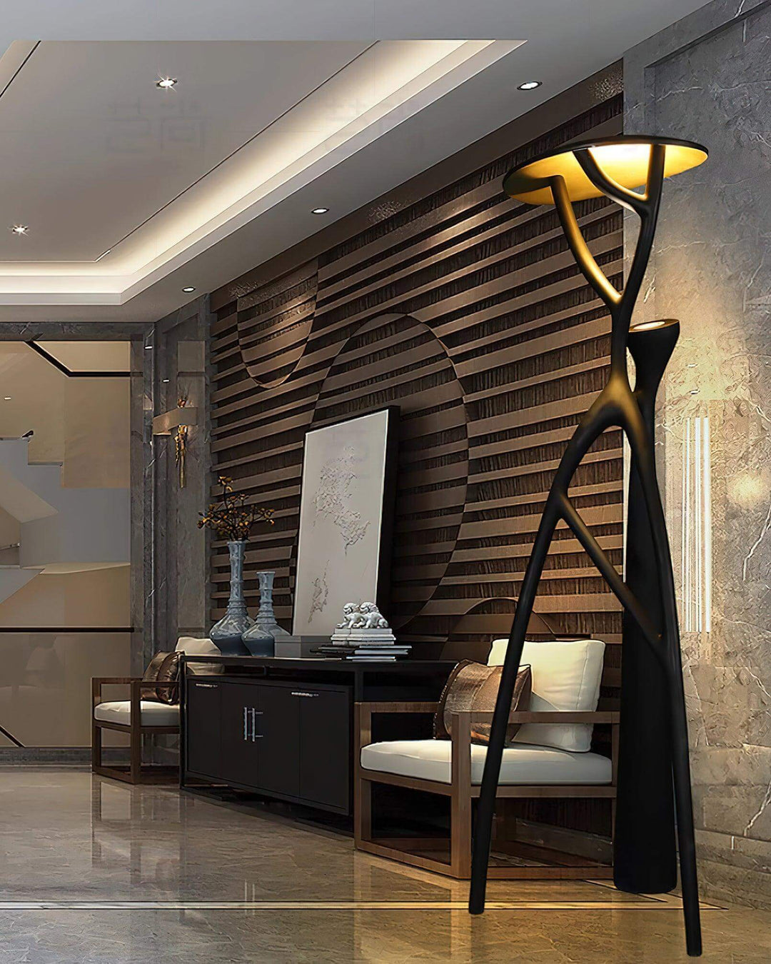 Sculptural Nivaro resin floor lamp in modern hallway, enhancing the art deco aesthetic with Tripod design and stylish illumination.