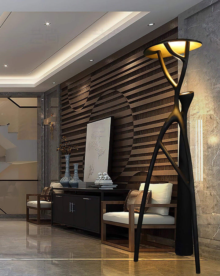 Sculptural Nivaro resin floor lamp in modern hallway, enhancing the art deco aesthetic with Tripod design and stylish illumination.