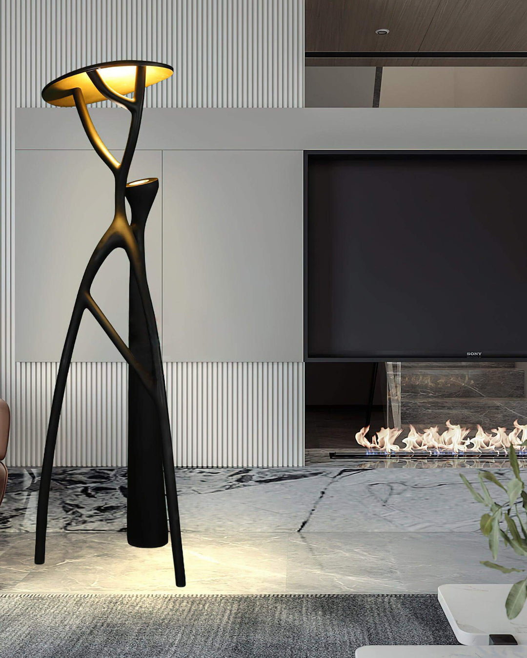 Sculptural Nivaro resin floor lamp in modern living room, highlighting art deco design with tripod style.