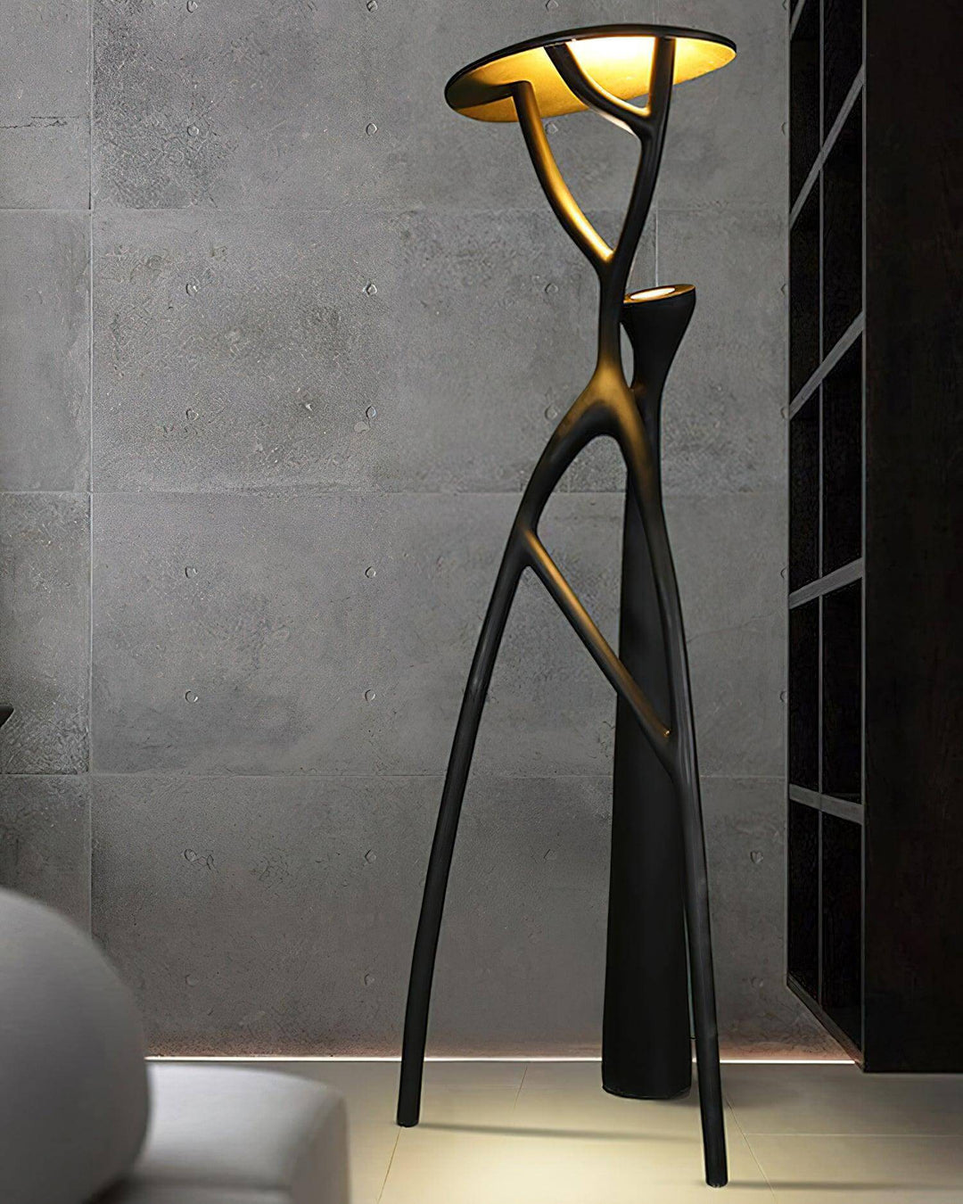 Nivaro sculptural floor lamp featuring an art deco design, ideal for living room floor lights on a stylish tripod base.
