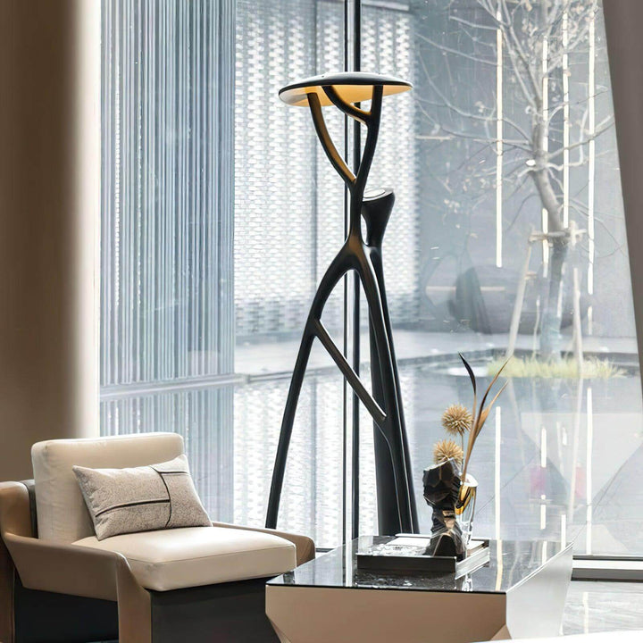 Sculptural art deco floor lamp in a modern living room setting, enhancing the elegant ambiance with stylish floor lights.